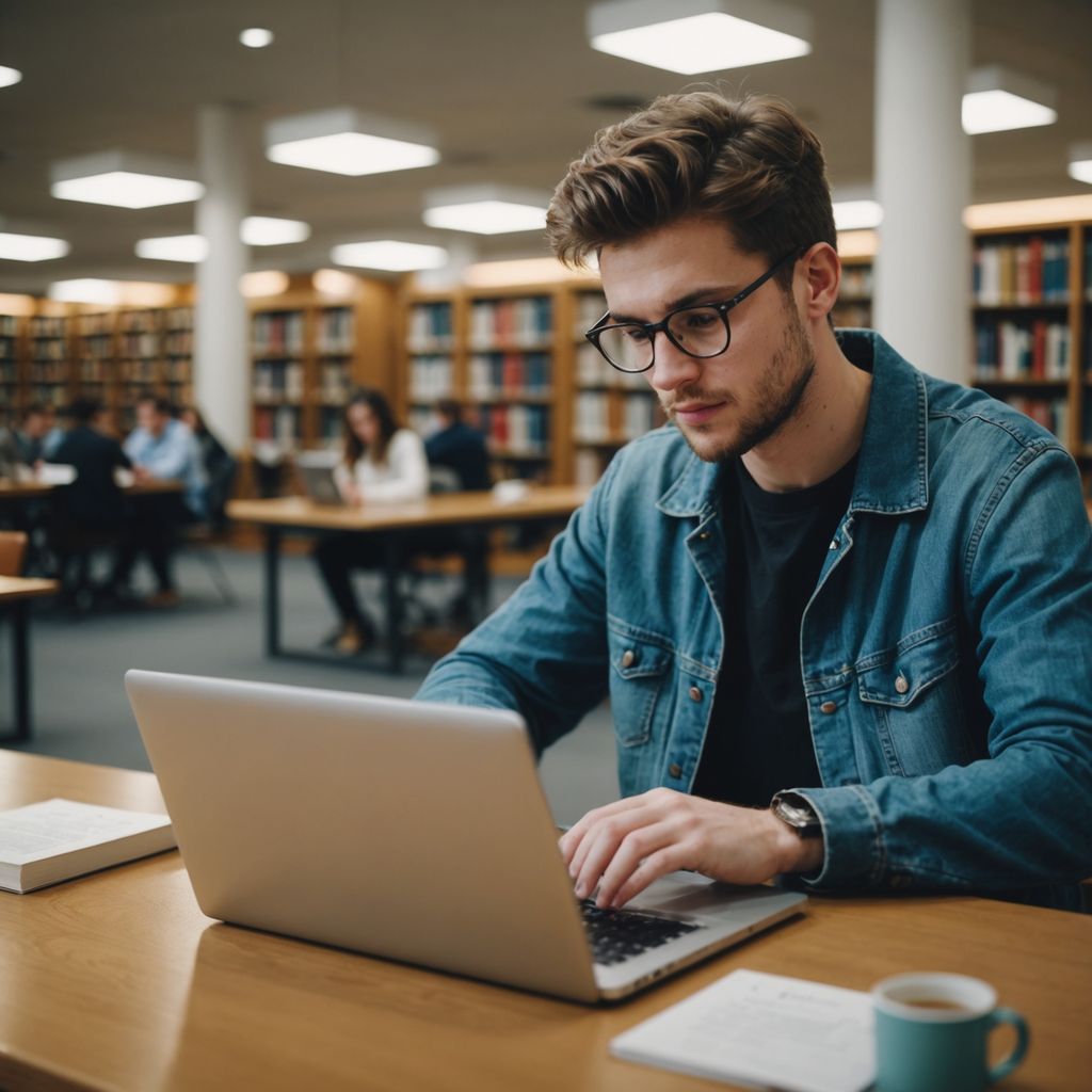 Student writing dissertation on laptop in library