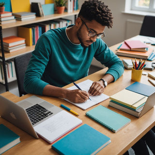 Student writing notes with laptop and books