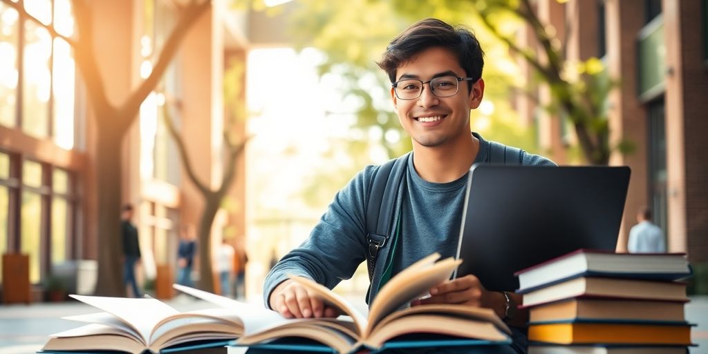 University student in vibrant campus with books and laptop.