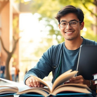 University student in vibrant campus with books and laptop.