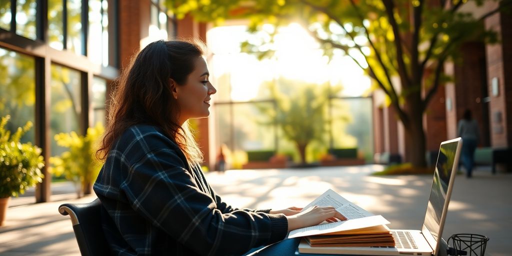 University student studying in a lively, sunlit campus.