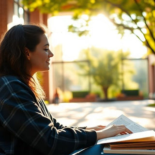 University student studying in a lively, sunlit campus.