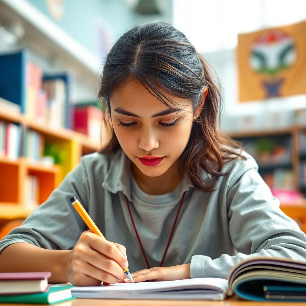 University student writing in a colorful study environment.