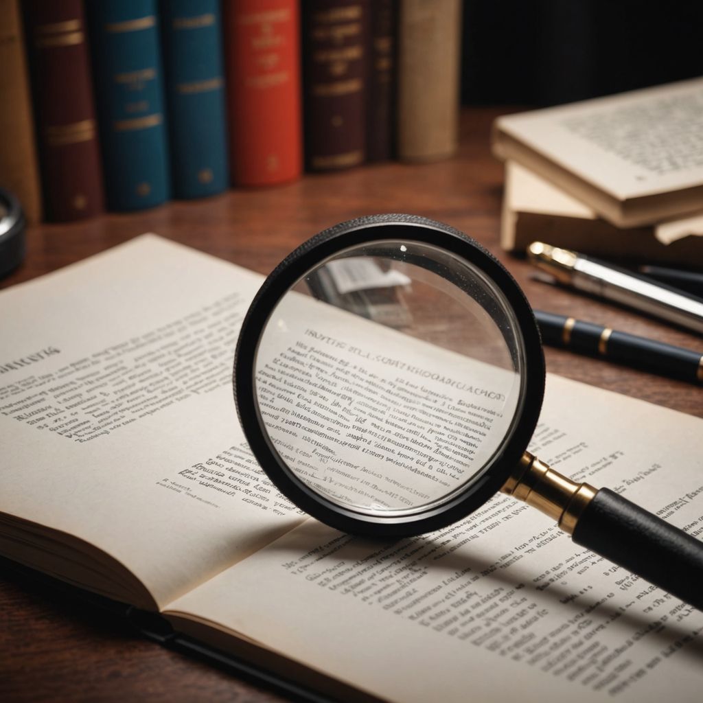 Magnifying glass on research papers and books on desk