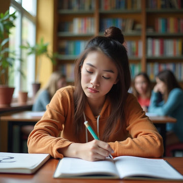 Estudante universitário escrevendo em um ambiente colorido.