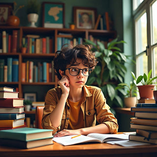 Estudiante reflexivo generando preguntas de tesis únicas.