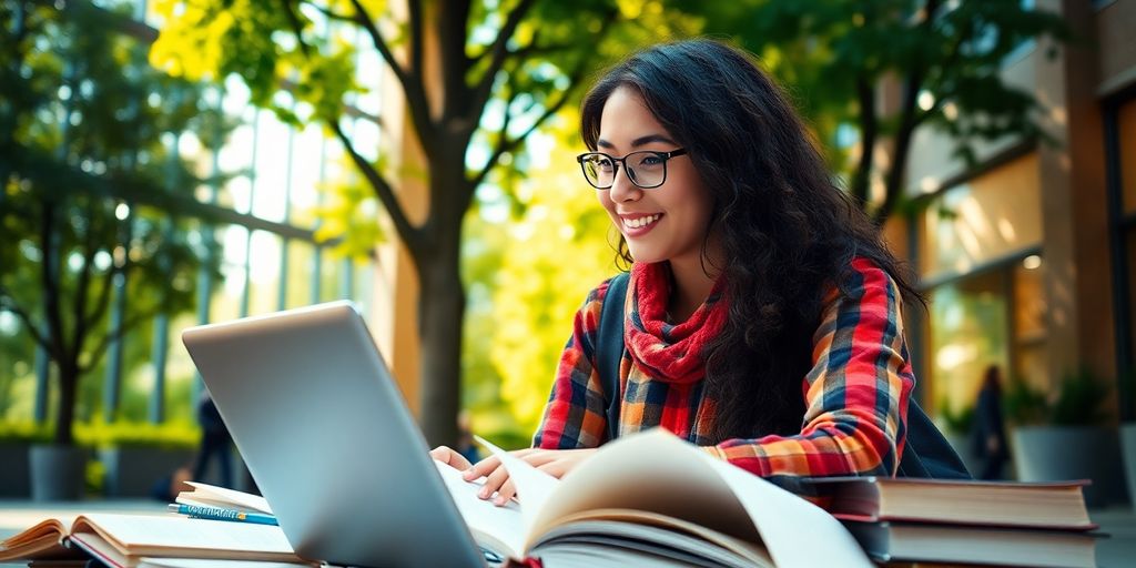 University student studying in a vibrant campus setting.