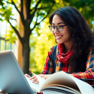 University student studying in a vibrant campus setting.