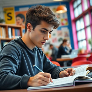 University student writing in a vibrant study environment.