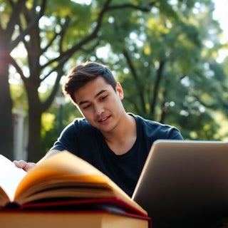 University student studying in a lively campus environment.