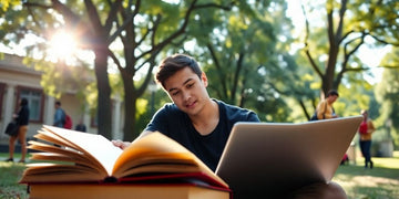 University student studying in a lively campus environment.