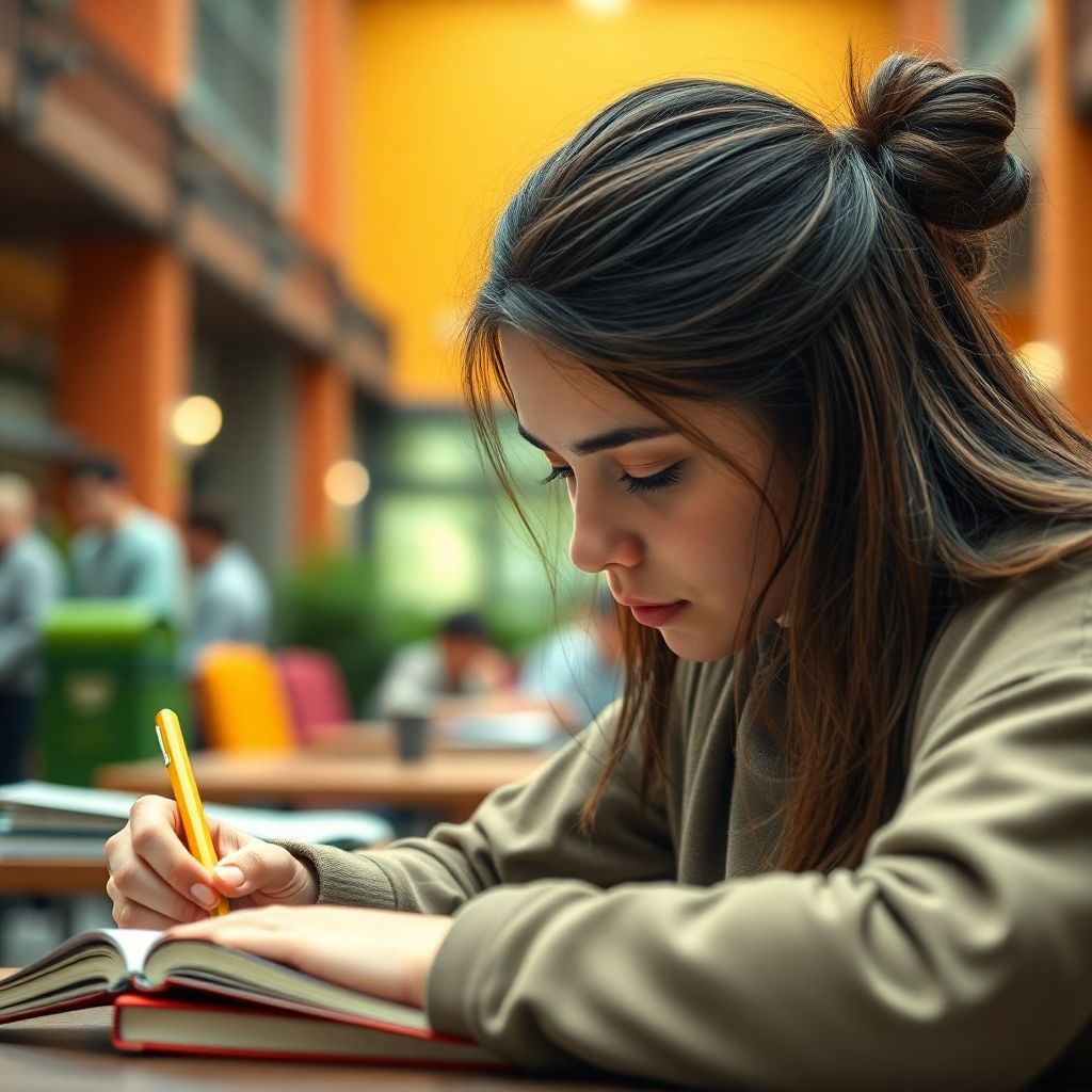 University student engaged in writing in a vibrant setting.