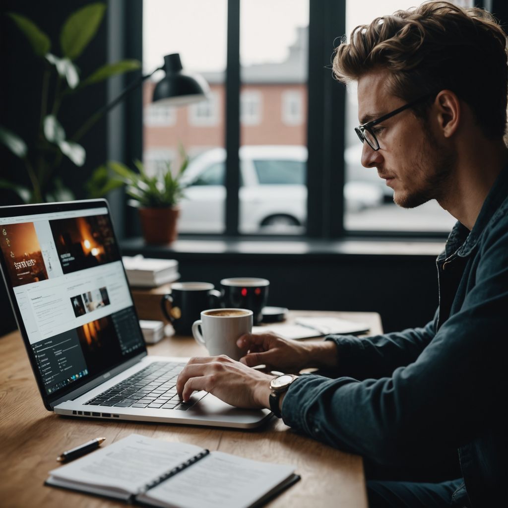 Student writing thesis on laptop with coffee and papers