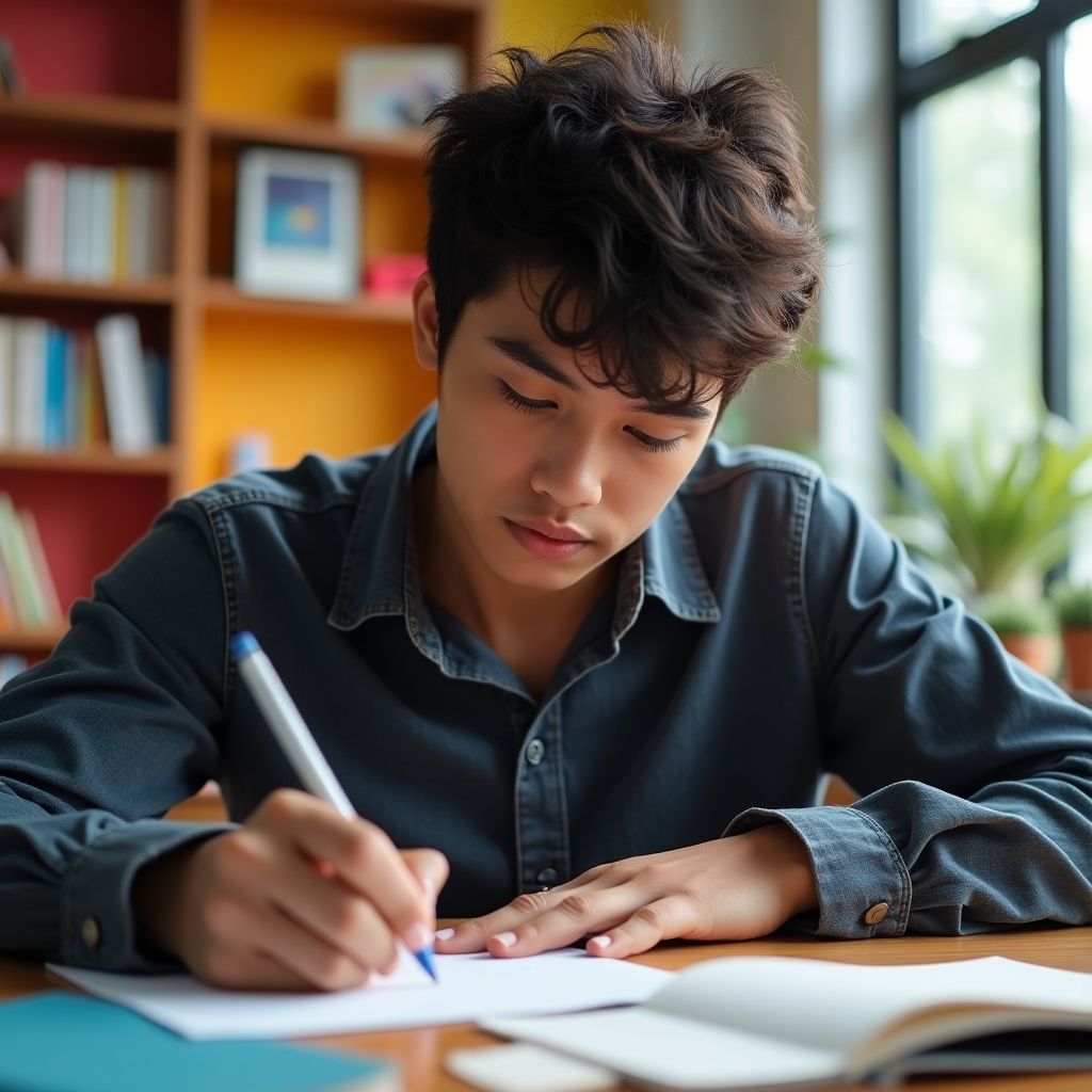 Realistic university student writing in a colorful study space.