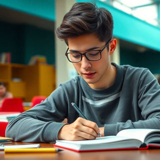 University student focused on writing in a colorful setting.