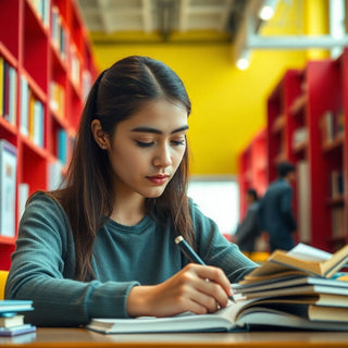 University student writing in a colorful study environment.