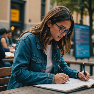 Estudiante redactando esquema de tesis en pizarra