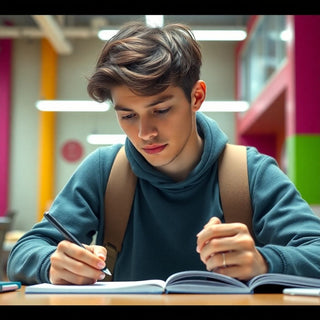 University student writing in a colorful study environment.