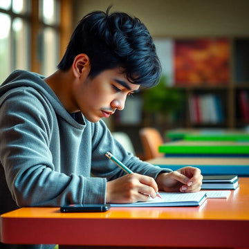 Estudante universitário escrevendo em um ambiente vibrante.