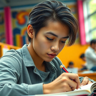 University student writing in a vibrant study environment.