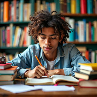 Estudiante analizando conceptos de tesis y argumento con materiales coloridos.