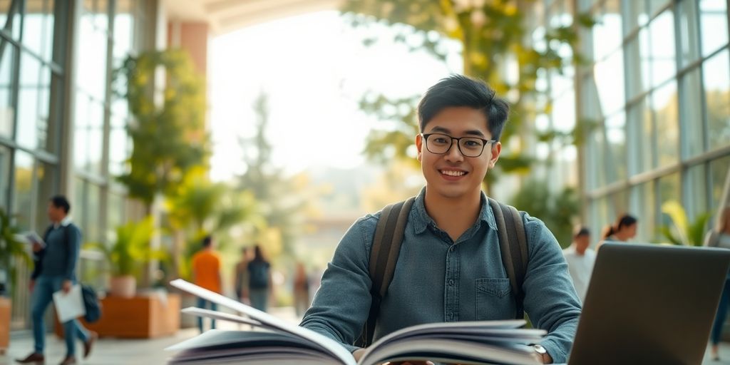 University student studying in a lively campus environment.