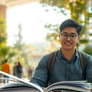 University student studying in a lively campus environment.