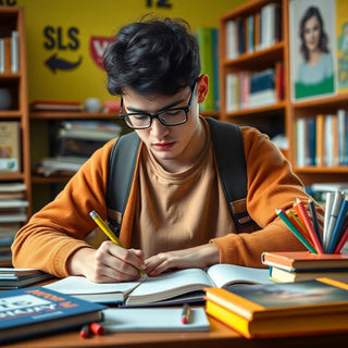 University student focused on writing in colorful study space.