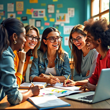 Estudiantes colaborando en una propuesta de tesis en un entorno vibrante.