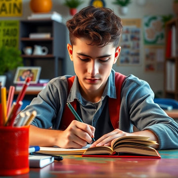 University student writing at a colorful study desk.