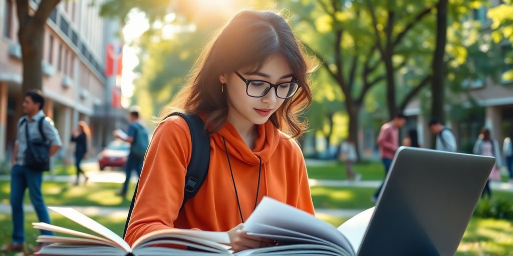 University student studying on a lively campus with books.