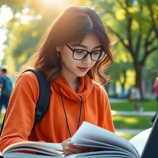 University student studying on a lively campus with books.