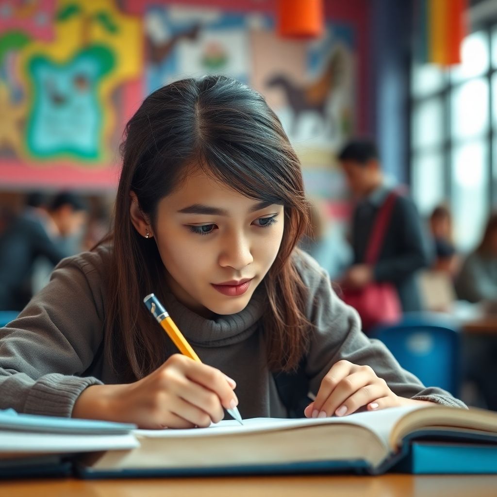 विश्वविद्यालय का छात्र एक जीवंत वातावरण में लिख रहा है।