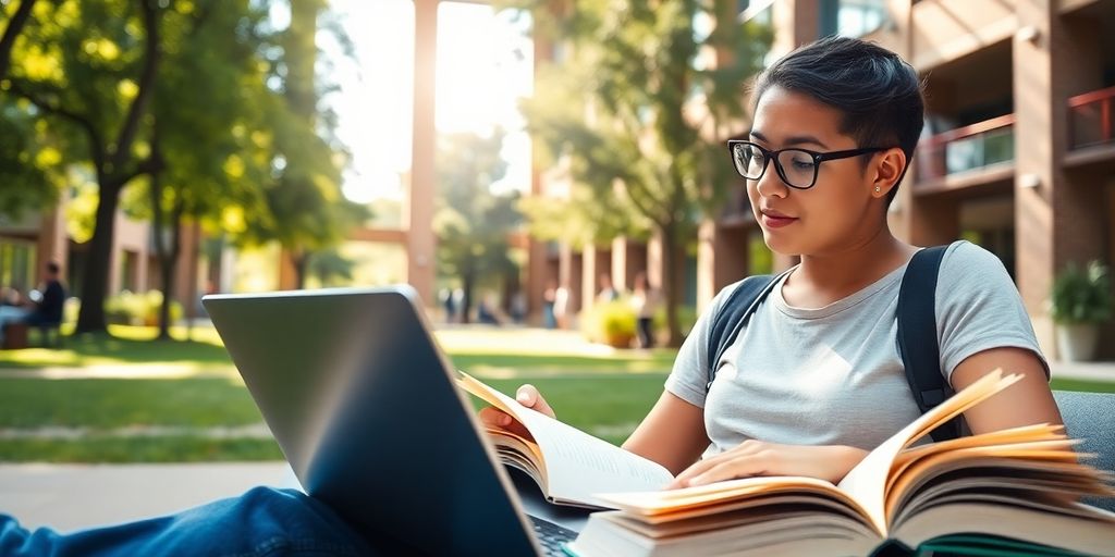 University student studying in a vibrant campus setting.