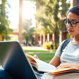 University student studying in a vibrant campus setting.