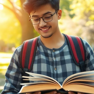 University student in a vibrant campus environment with books.