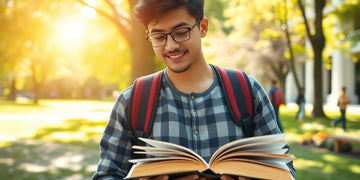 University student in a vibrant campus environment with books.