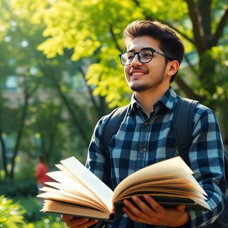 University student in a vibrant campus environment with books.