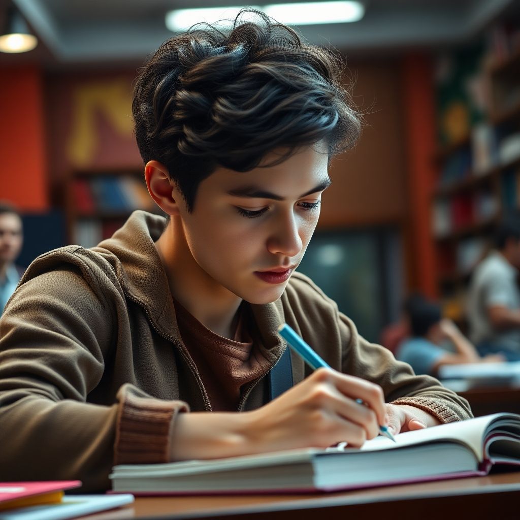 University student writing in a colorful study environment.