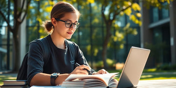 Estudiante universitario en un entorno de campus vibrante.