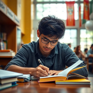 University student writing in a colorful, vibrant setting.