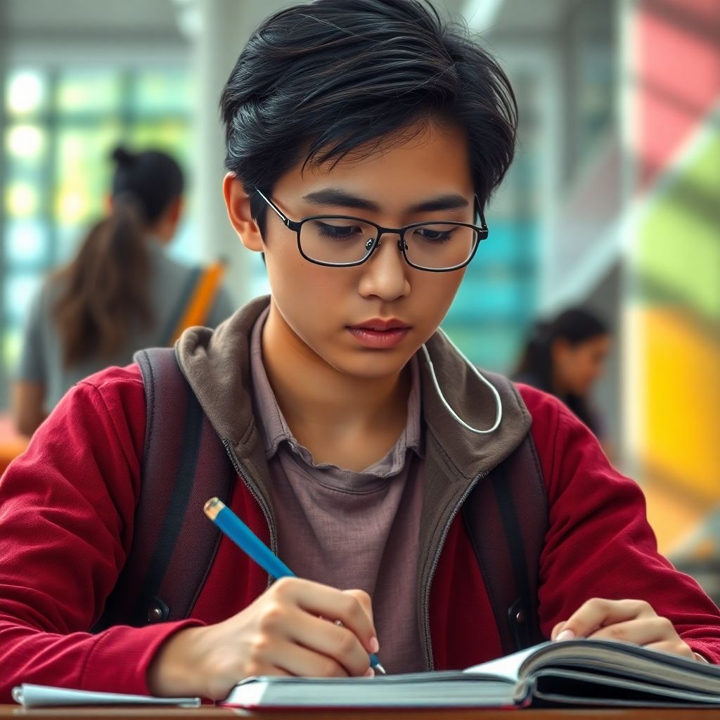 University student writing in a vibrant, colorful setting.