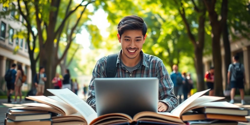 University student engaged in study on a lively campus.