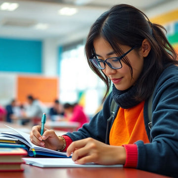 University student writing in a vibrant, colorful setting.