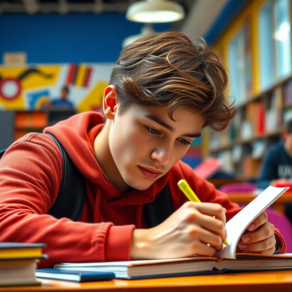 University student writing in a vibrant study environment.