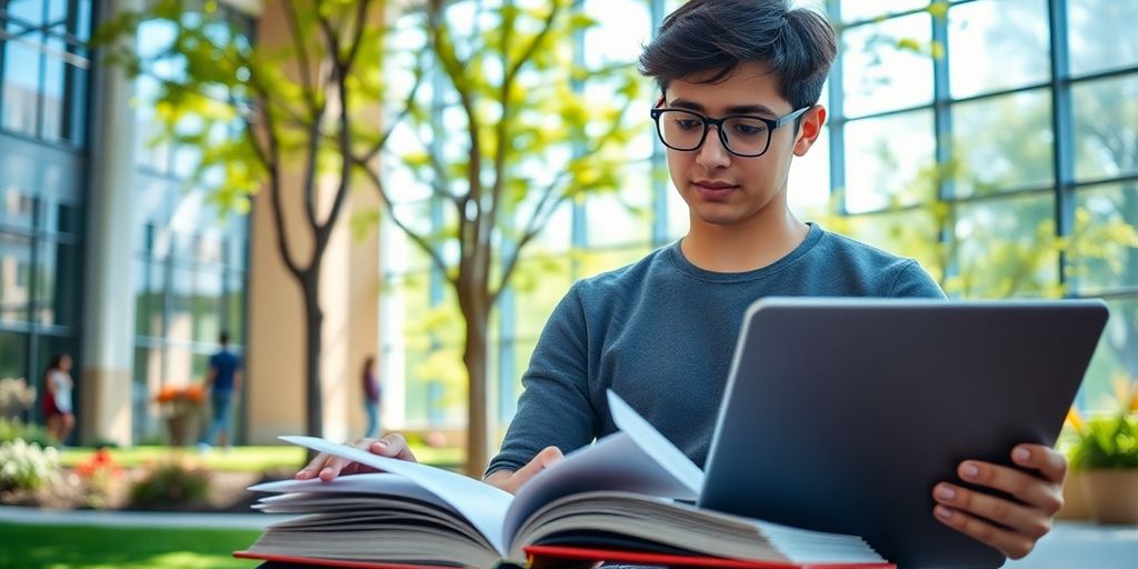 University student studying in a vibrant campus setting.