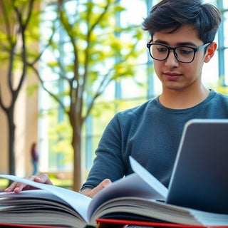 University student studying in a vibrant campus setting.