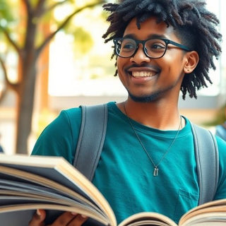 University student in a vibrant campus setting with books.