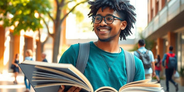 University student in a vibrant campus setting with books.