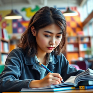 University student writing in a vibrant, colorful study space.